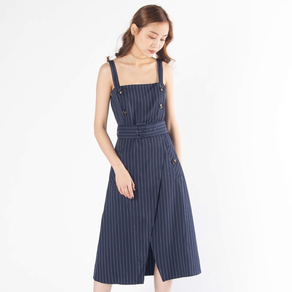 Navy Sleeveless Square Neckline Button Dress